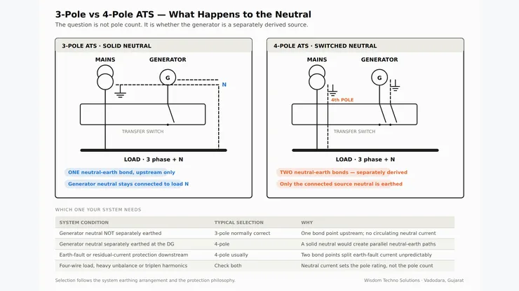 Comparison diagram of 3-pole and 4-pole ATS showing neutral path, generator neutral earthing and earth fault current route
