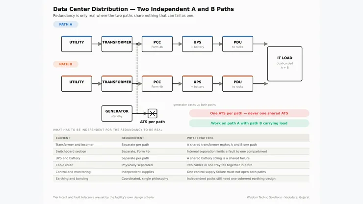 Data center electrical distribution showing dual A and B power paths through PCC, ATS and PDU with redundancy points marked