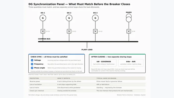 DG synchronization panel diagram showing two generators, synchronizing breakers, check sync relay and kW kVAr load sharing control