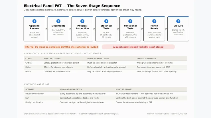 Seven stage electrical panel FAT sequence from document review to punch point closure for PCC, MCC and LT panels