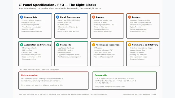 Structure of an LT panel technical specification and RFQ document showing system data, fault level, busbar, forms and protection sections