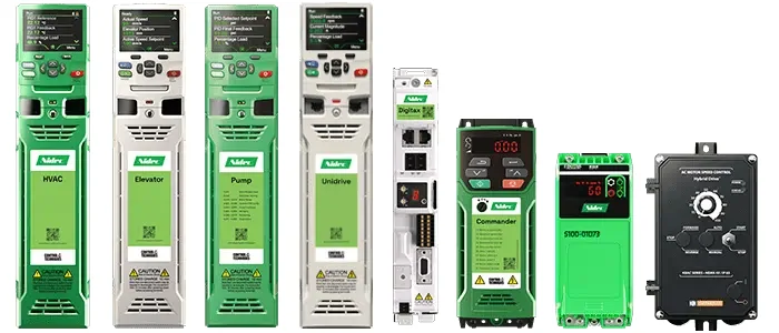 Nidec Control Techniques drive range — HVAC, Elevator, Pump, Unidrive, Digitax servo and Commander drives — supplied by Wisdom Techno Solutions